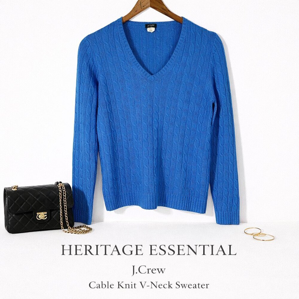 J.Crew Cable Knit V-Neck Sweater Blue Wool Angora Blend Size S